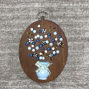 Vintage 70s Wood Nail Head Art PlaqueCountry Wall Decor Blue Floral Shabby Chic